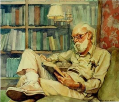 Painting of a balding, white-haired, bearded man wearing glasses, khakis, and high-top sneakers. He is reading in an upholstered chair.